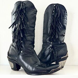 Zodiac Black Leather Fringe Heeled Boots